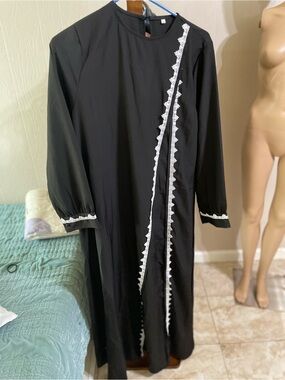 Vintage style Black Long Sleeve robe with White Lace Trim